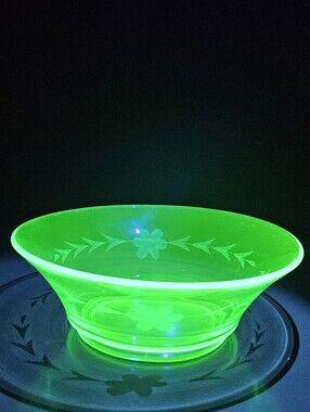 Vibrant Uranium Glass Etched Floral Bowl